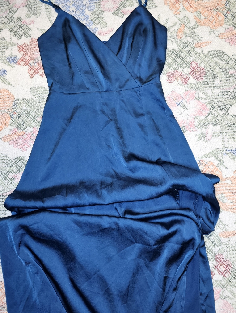 Blue Satin V-Neck Slip Dress With Side Slit Size Small